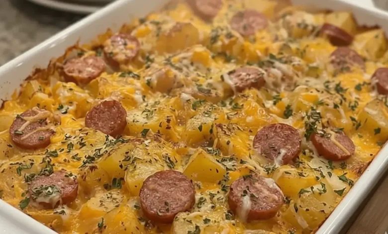 Cheesy Potato and Smoked Sausage Casserole with melted cheese and sausage slices, garnished with herbs.