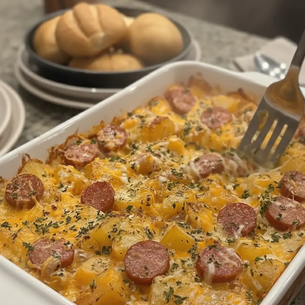 "Cheesy Potato and Smoked Sausage Casserole with melted cheese, sausage slices, and fresh herbs served with dinner rolls.