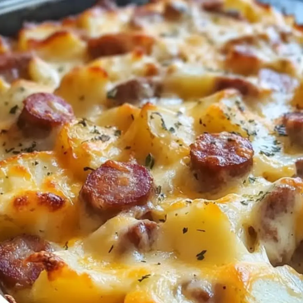 Cheesy Potato and Smoked Sausage Casserole with golden melted cheese, sausage slices, and herbs.