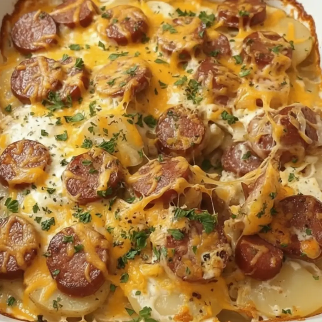 Cheesy Potato and Smoked Sausage Casserole with melted cheese, sausage slices, and fresh parsley topping.