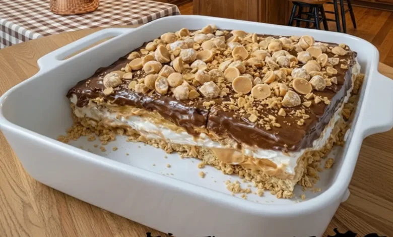 Peanut Butter Crunch Lasagna with layers of peanut butter, creamy filling, and crunchy toppings in a white dish.