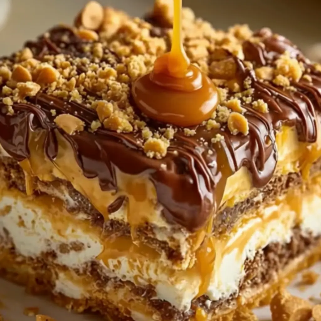 Close-up of Peanut Butter Crunch Lasagna with layers of peanut butter, creamy filling, caramel drizzle, chocolate topping, and crushed peanuts.