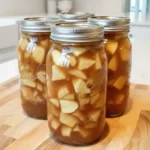 Four jars filled with homemade apple pie filling, showcasing diced apples in syrup, ready for canning.