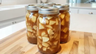 Four jars filled with homemade apple pie filling, showcasing diced apples in syrup, ready for canning.