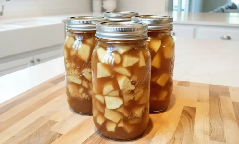 Four jars filled with homemade apple pie filling, showcasing diced apples in syrup, ready for canning.