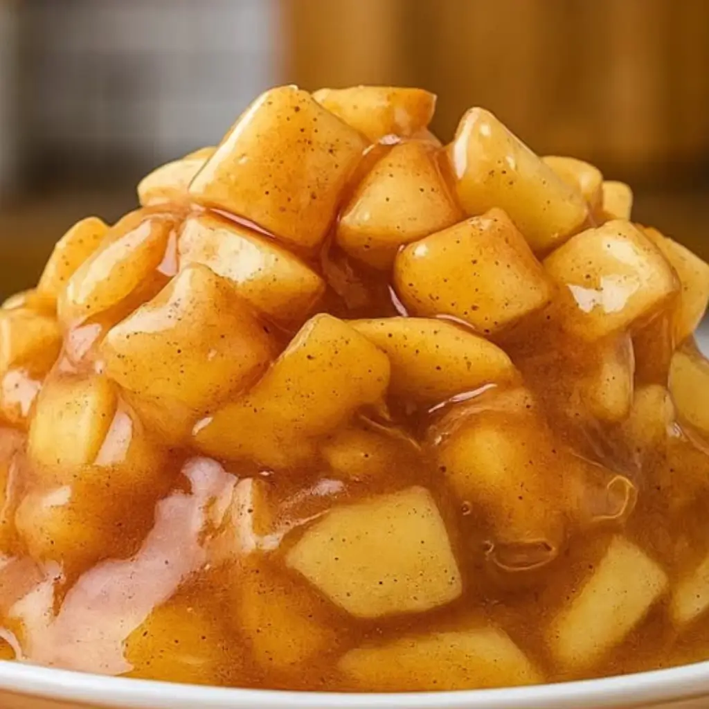 Close-up of apple pie filling with diced apples in syrup, showing a glossy and caramelized texture.