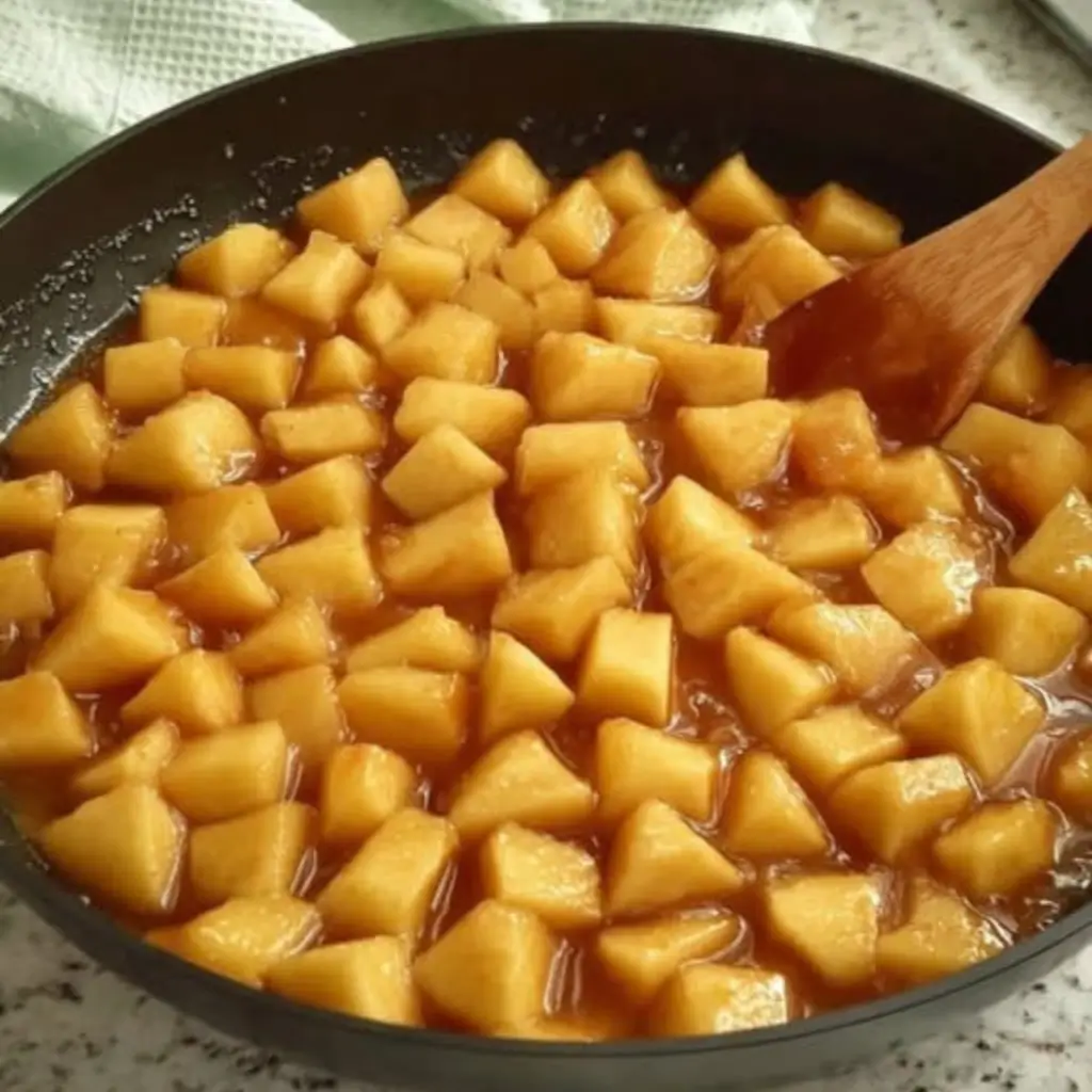 Cooking apple pie filling in a skillet with diced apples and a rich caramel syrup, ready for pie.