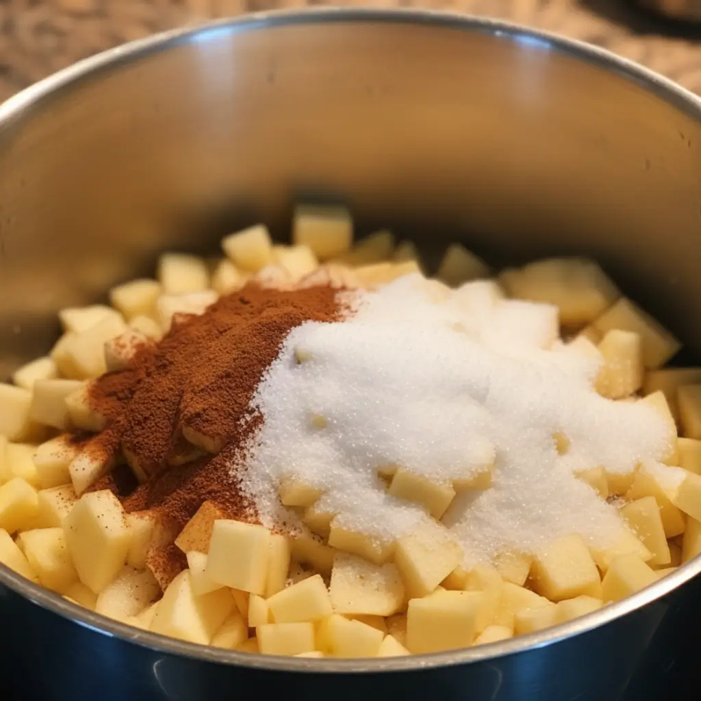 Chopped apples in a bowl with sugar, cinnamon, and spices, ready for making apple pie filling.