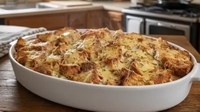 A close-up view of a golden, cheesy Baked Reuben Casserole with toasted bread cubes and herbs, fresh out of the oven.