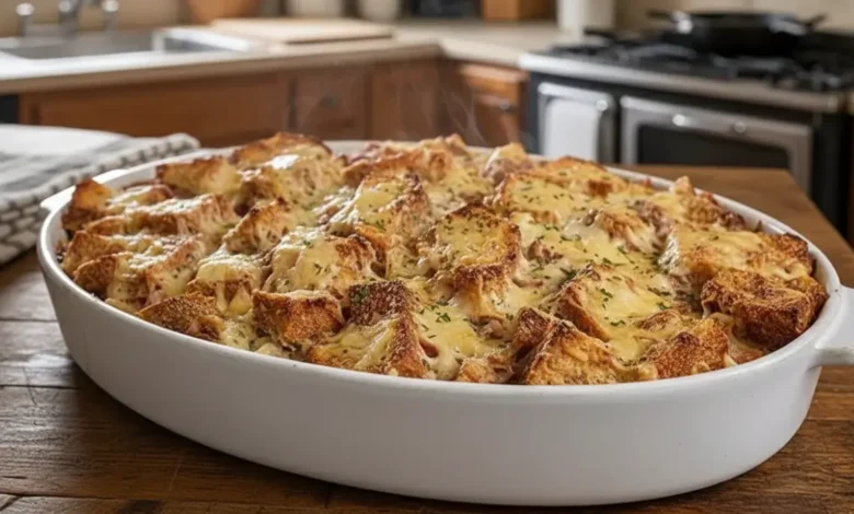 A close-up view of a golden, cheesy Baked Reuben Casserole with toasted bread cubes and herbs, fresh out of the oven.