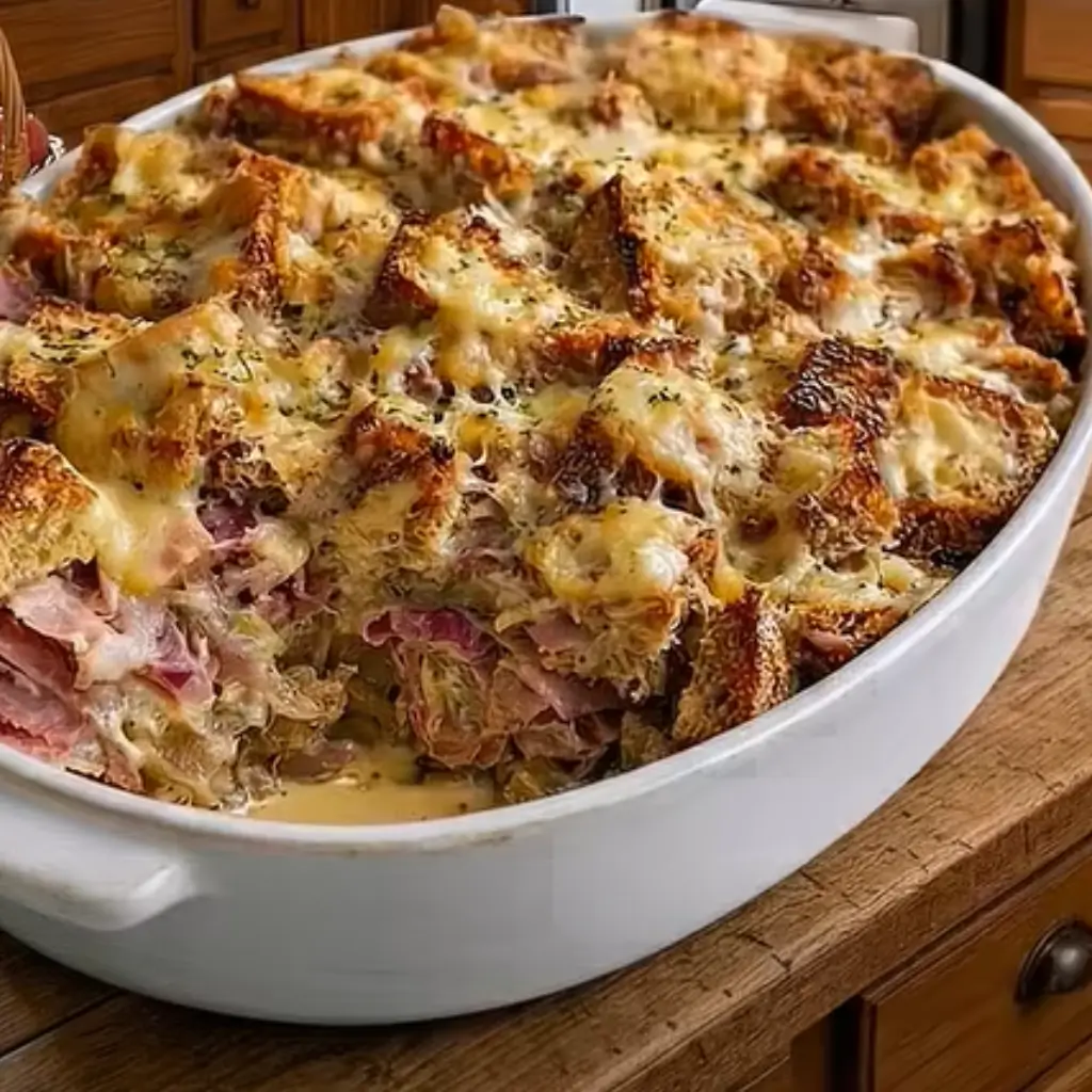 A close-up view of a Baked Reuben Casserole, showing layers of ham, melted cheese, toasted bread cubes, and sauerkraut, fresh out of the oven.