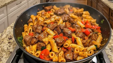 Pepper Steak Pasta in a black pan