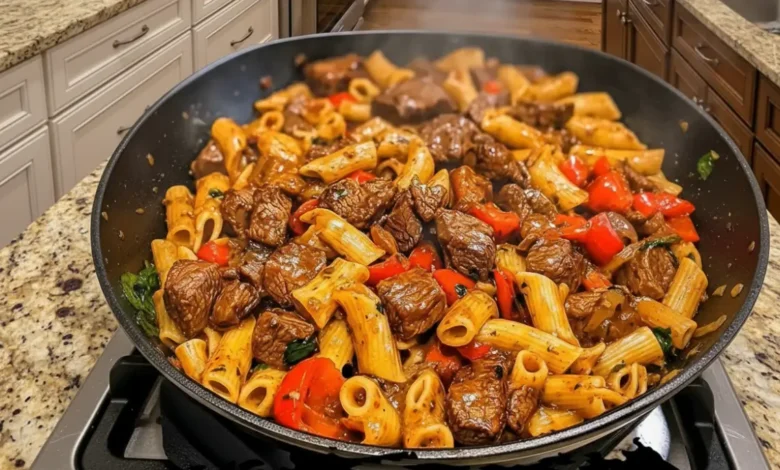 Pepper Steak Pasta in a black pan