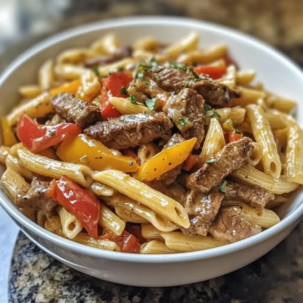 Pepper Steak Pasta in a white bowl 