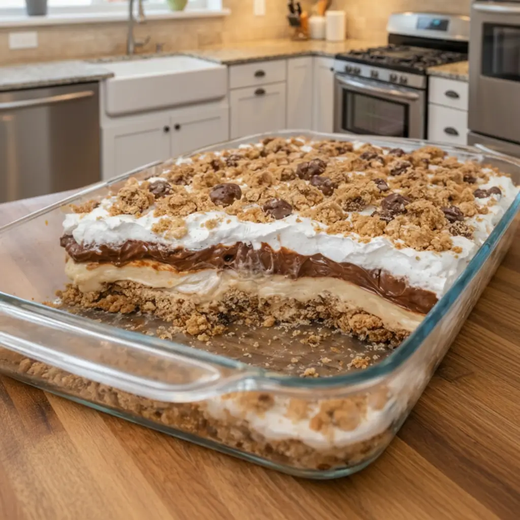 No-Bake Chocolate Chip Cookie Peanut Butter Pie with layered peanut butter filling, chocolate layer, whipped topping, and cookie crumb crust in a glass baking dish