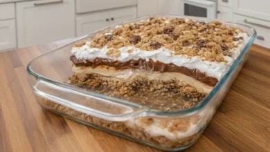 No-Bake Chocolate Chip Cookie Peanut Butter Pie layered with creamy peanut butter filling, chocolate, whipped topping, and cookie crumb crust in a glass dish
