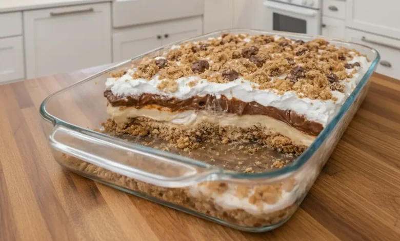 No-Bake Chocolate Chip Cookie Peanut Butter Pie layered with creamy peanut butter filling, chocolate, whipped topping, and cookie crumb crust in a glass dish