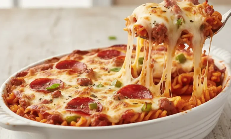 A delicious pizza pasta bake with melted cheese, pepperoni slices, and ground beef, pulled out of a white baking dish.