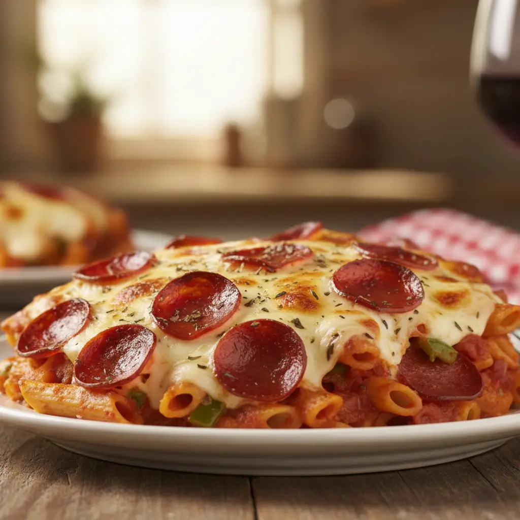 Pizza pasta bake with pepperoni slices, melted mozzarella cheese, and baked pasta on a white plate with a blurred background.