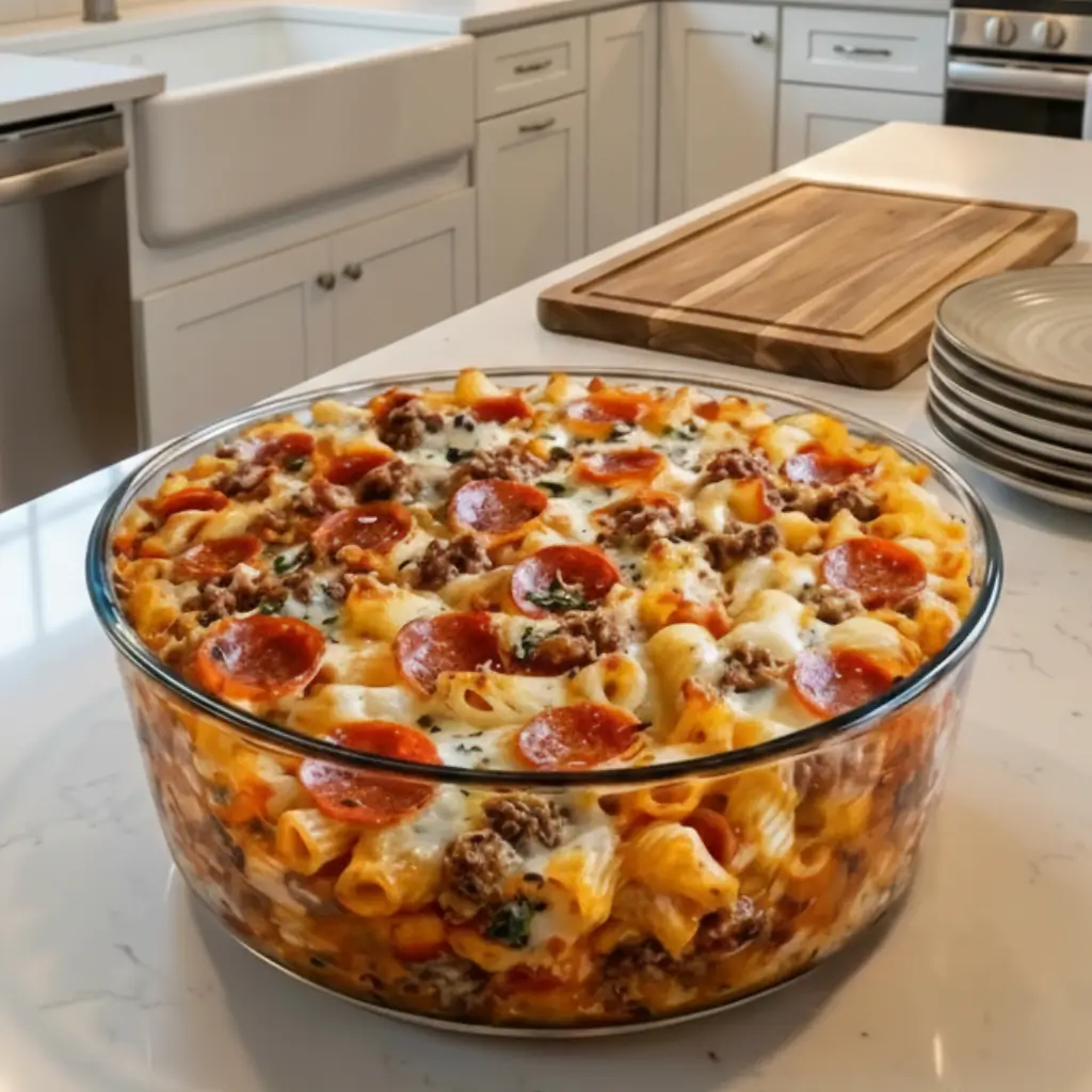 Pizza pasta bake with pepperoni, ground beef, and melted mozzarella cheese in a glass baking dish, placed on a kitchen counter.