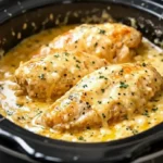 Creamy chicken dinner cooked in a slow cooker with tender chicken breasts simmered in a rich Parmesan cream sauce