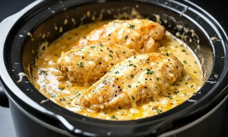 Creamy chicken dinner cooked in a slow cooker with tender chicken breasts simmered in a rich Parmesan cream sauce