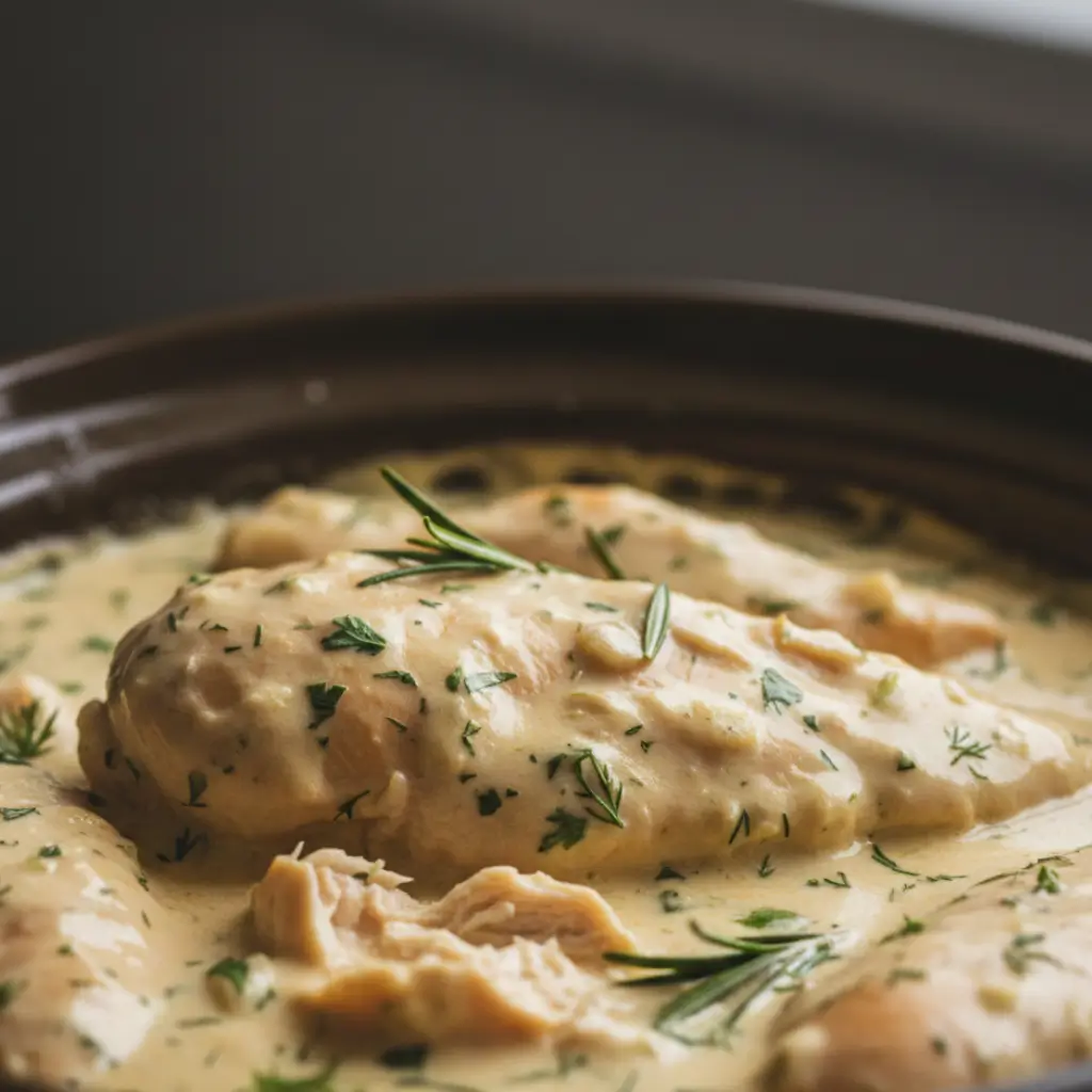 Creamy chicken dinner with tender chicken breasts simmered in a rich herb-infused cream sauce