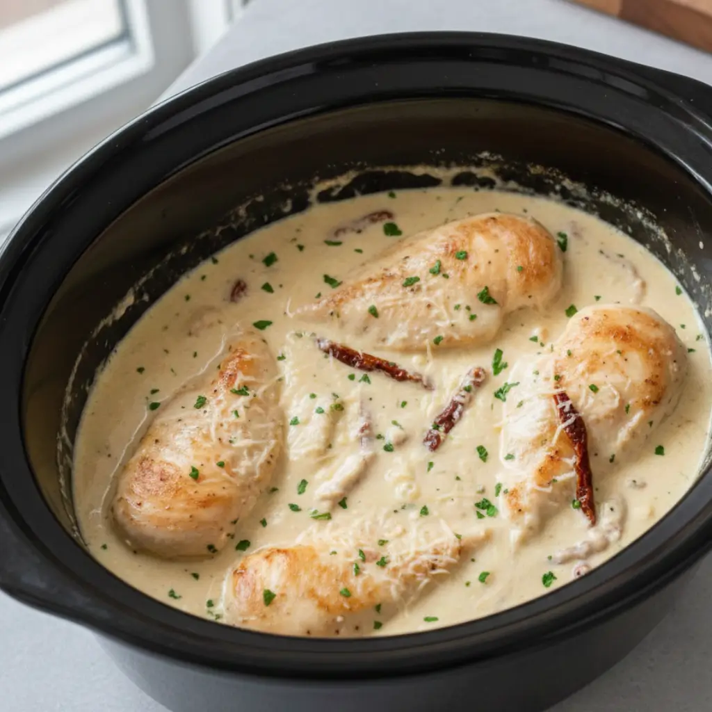 Creamy chicken dinner with golden chicken breasts simmered in a rich cream sauce inside a slow cooker