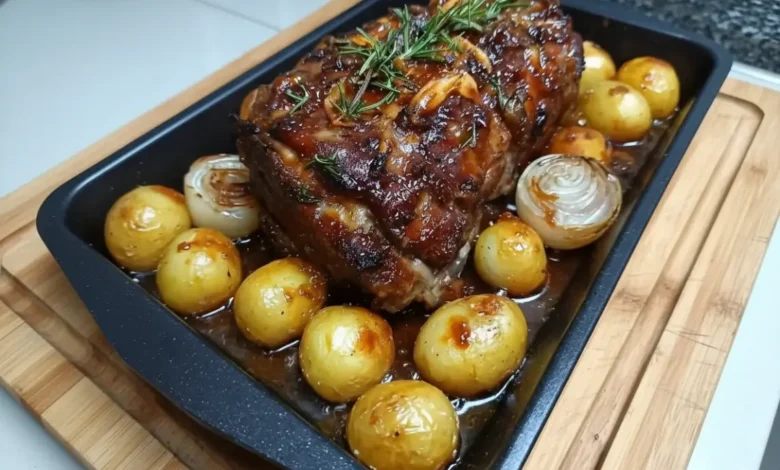 Honey roasted pork with caramelized onions and baby potatoes in a roasting pan