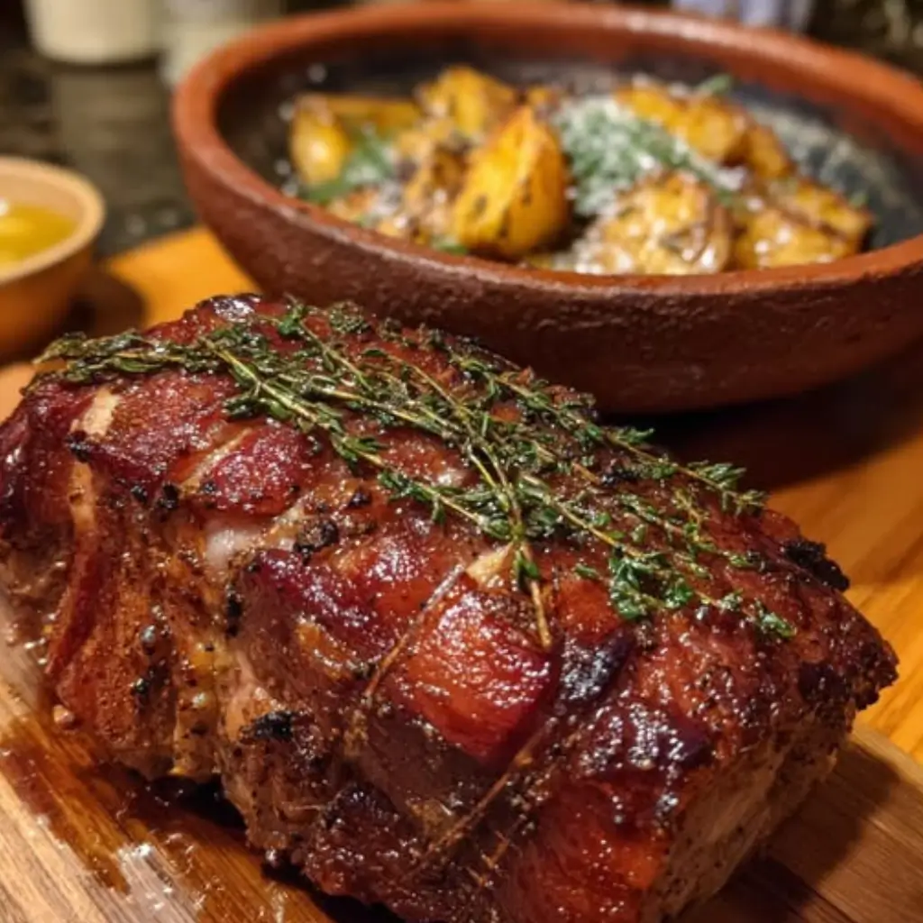 Honey roasted pork with caramelized onions and fresh herbs on a wooden board