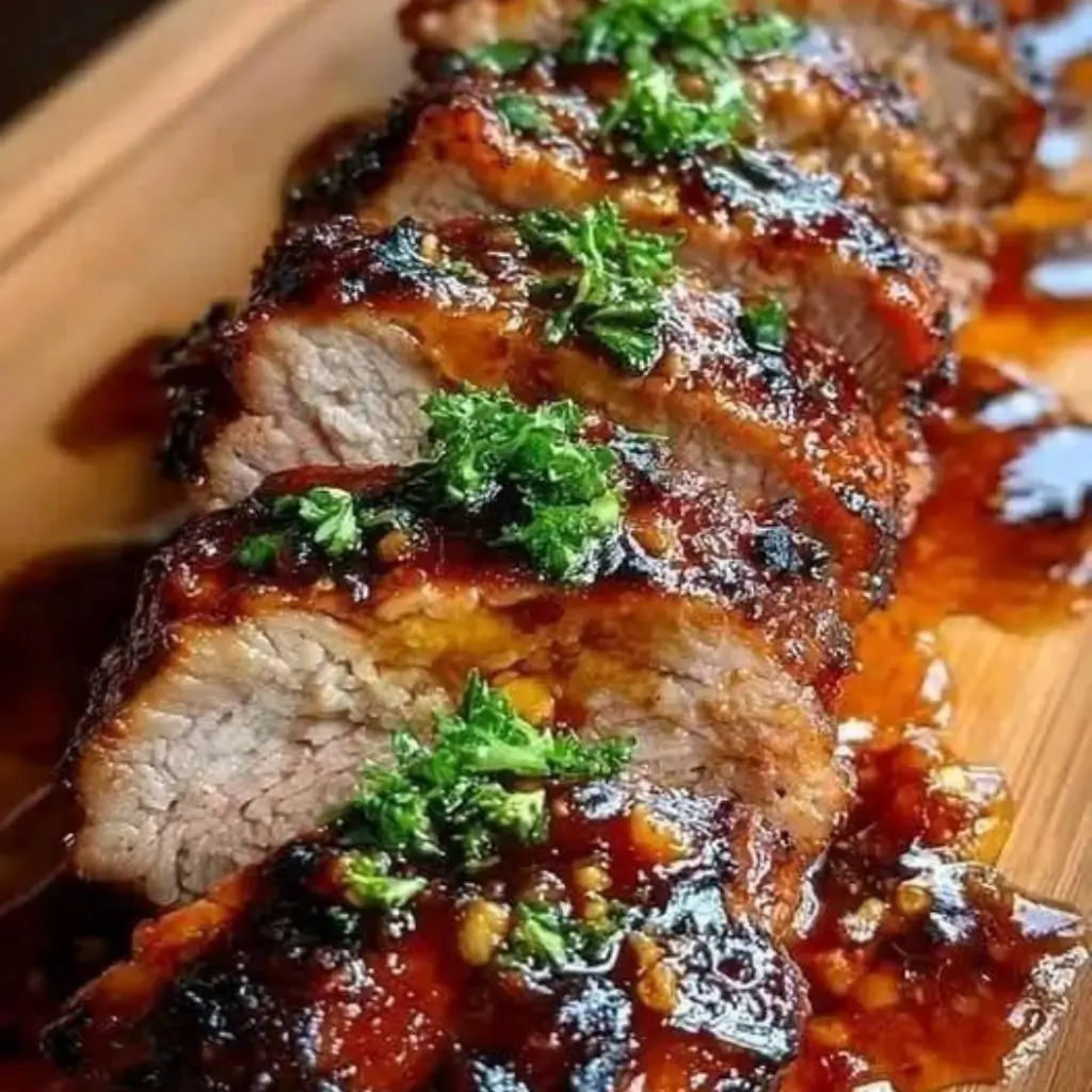 Sliced honey roasted pork with caramelized onions and glossy honey glaze