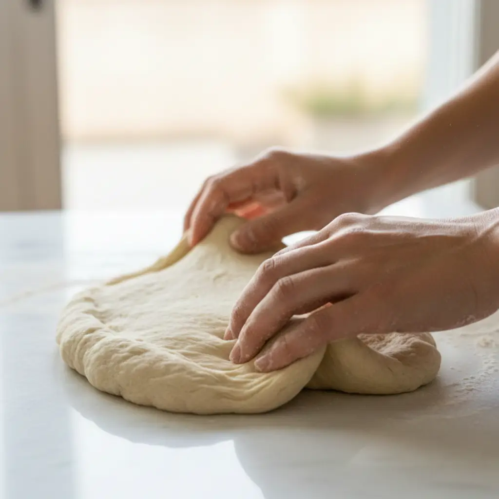 Hands stretching and shaping freshly made sourdough pizza dough on a clean countertop, ready to be transformed into a pizza crust.