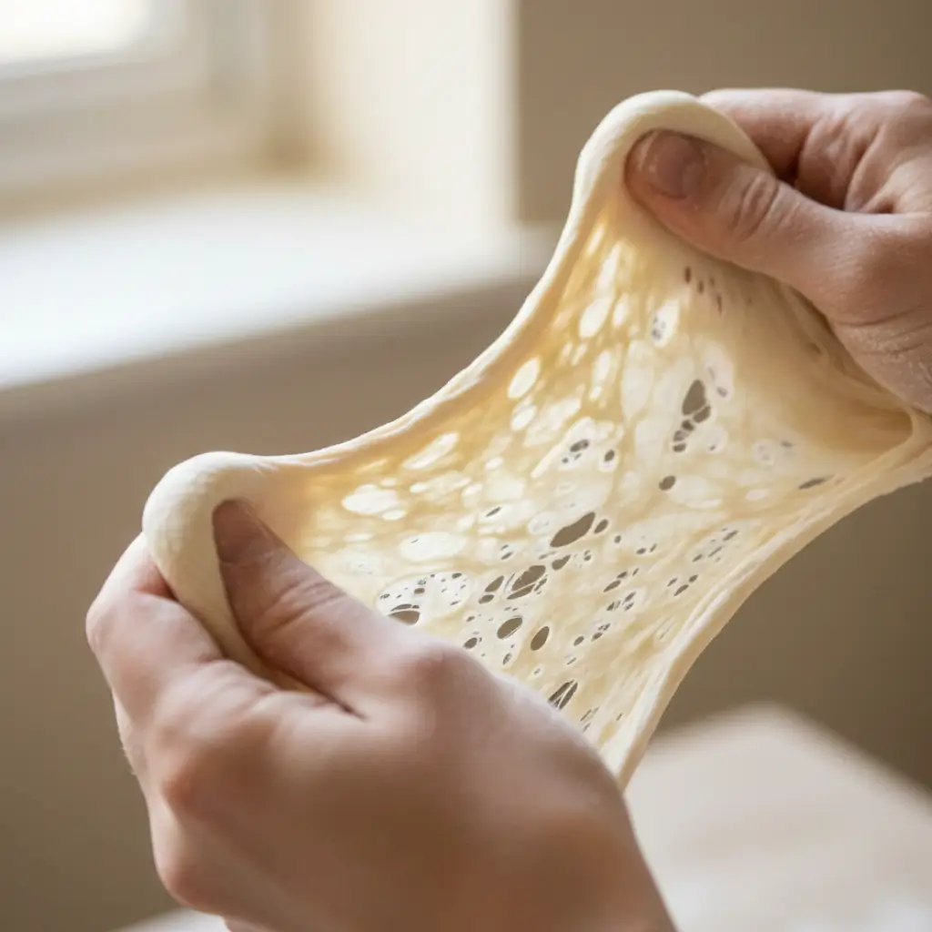 Hands stretching sourdough pizza dough, showing the airy, bubble-filled texture, highlighting the dough’s elasticity and smooth surface.