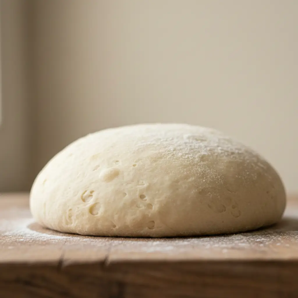 Close-up of a freshly prepared sourdough pizza dough ball resting on a wooden surface, lightly dusted with flour, ready for baking.