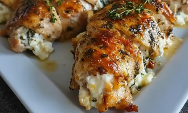 Cream cheese stuffed chicken breast baked until golden, with creamy herb filling spilling out and a thyme garnish on a white plate.