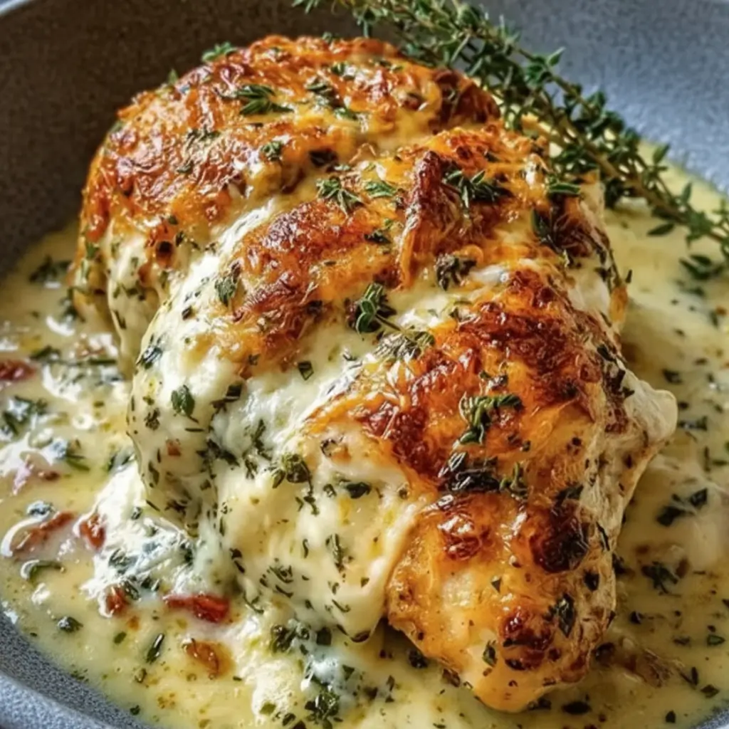 Cream cheese stuffed chicken breast baked golden in a skillet, covered in creamy herb sauce with thyme and melted cheese.