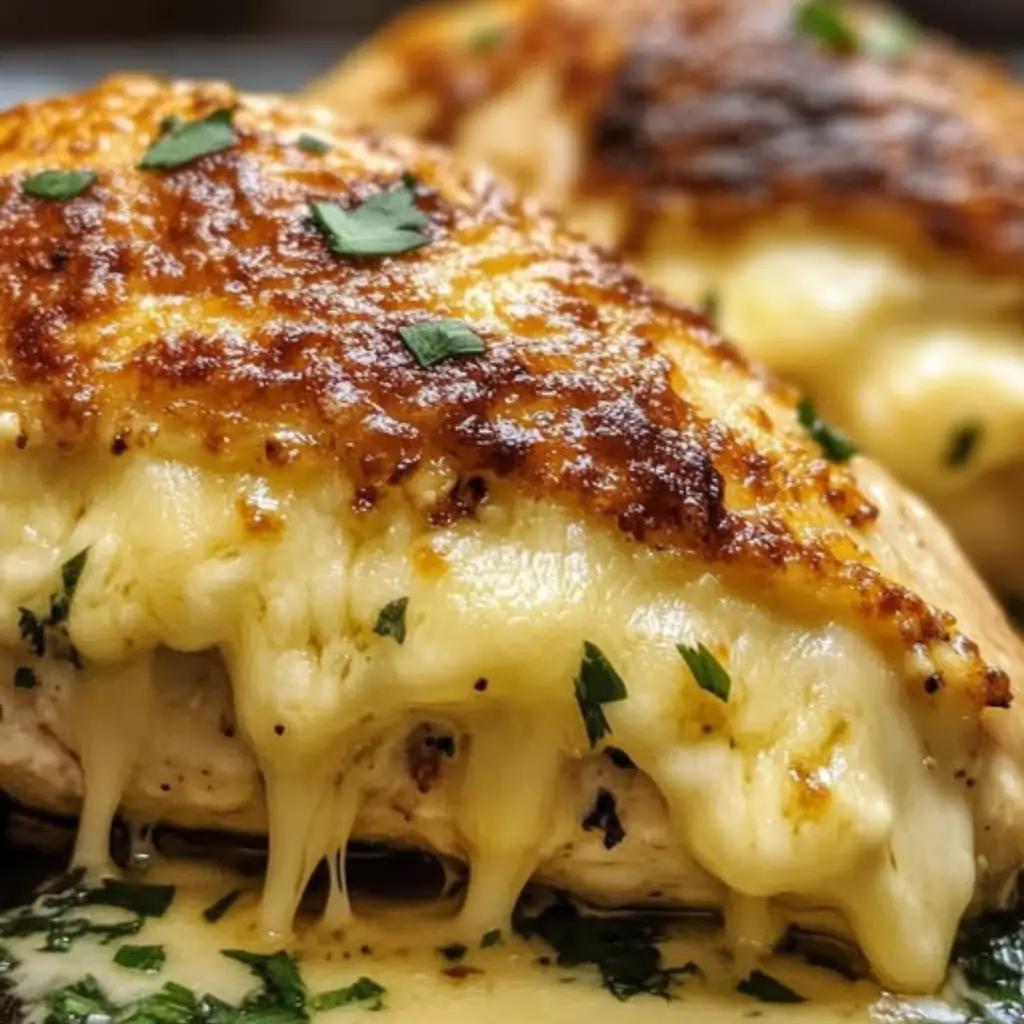 Cream cheese stuffed chicken breast with melted cheese stretching out, topped with herbs and served in a creamy pan sauce.