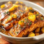 Pineapple glazed salmon fillets in a rich sticky sauce, topped with pineapple chunks and herbs in a baking dish.