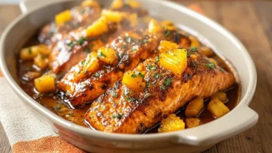 Pineapple glazed salmon fillets in a rich sticky sauce, topped with pineapple chunks and herbs in a baking dish.