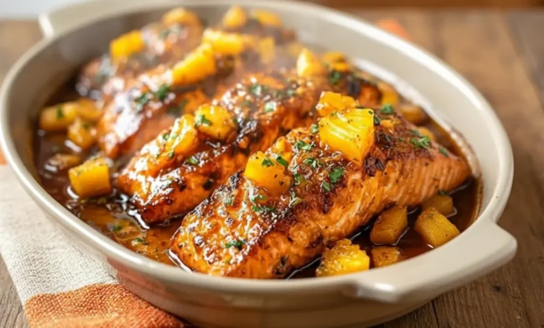 Pineapple glazed salmon fillets in a rich sticky sauce, topped with pineapple chunks and herbs in a baking dish.