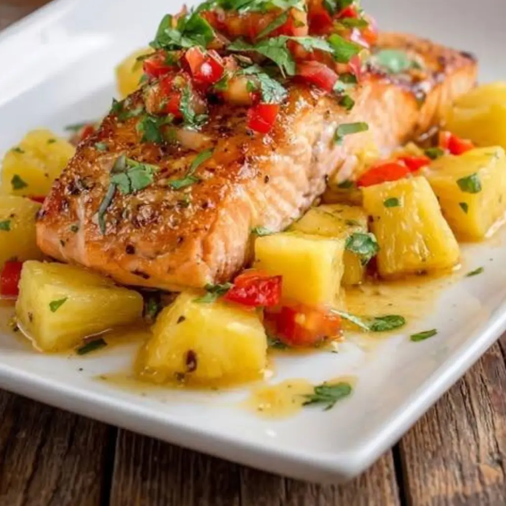 Pan-seared pineapple glazed salmon topped with fresh salsa, served with pineapple chunks and herbs on a white plate.