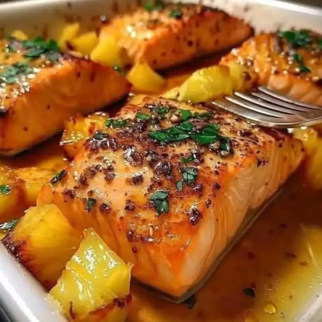 Close-up of pineapple glazed salmon fillets baked in a sweet-savory sauce with pineapple chunks, herbs, and sesame seeds in a white dish.