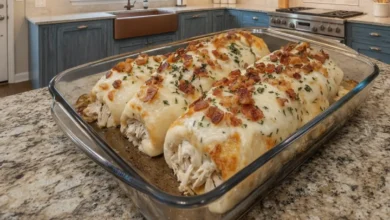Loaded bacon chicken Alfredo stuffed breadstick bombs baked golden with melted cheese and crispy bacon in a glass baking dish.