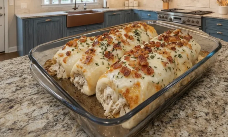 Loaded bacon chicken Alfredo stuffed breadstick bombs baked golden with melted cheese and crispy bacon in a glass baking dish.