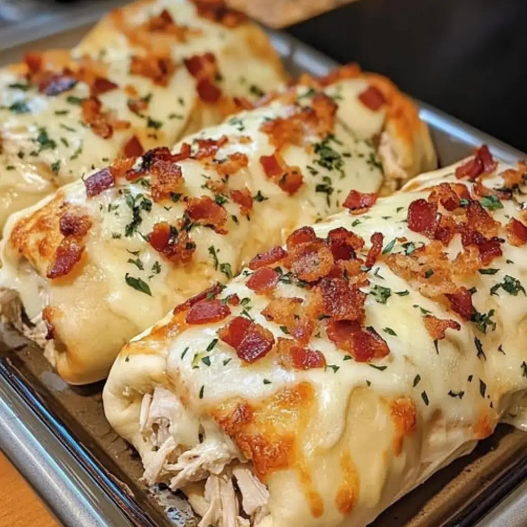 Close-up of loaded bacon chicken Alfredo stuffed breadstick bombs topped with melted cheese, crispy bacon, and herbs.