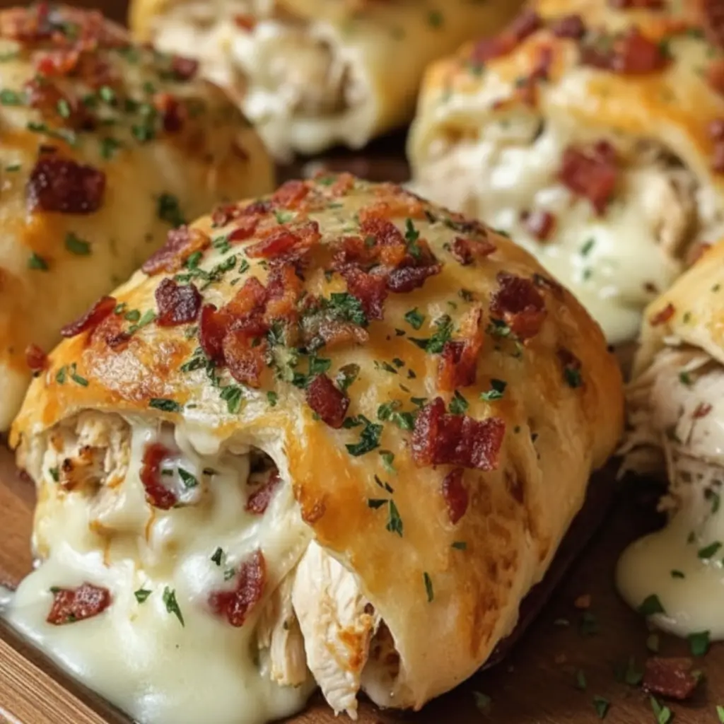 Loaded bacon chicken Alfredo stuffed breadstick bomb bursting with melted cheese, shredded chicken, and crispy bacon.