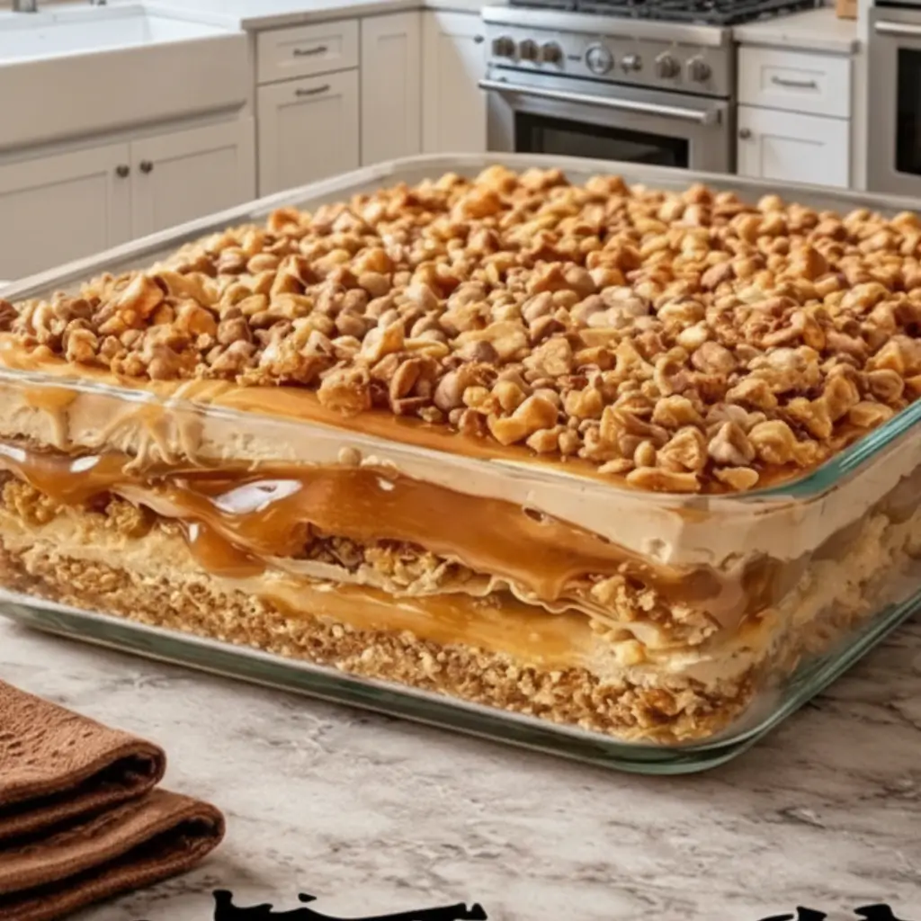 Peanut Butter Crunch Lasagna with visible creamy layers, peanut butter filling, and crunchy nut topping in a glass dish