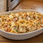 Chicken Cordon Bleu Casserole baked with tender chicken, ham, egg noodles, and melted cheese in a creamy sauce