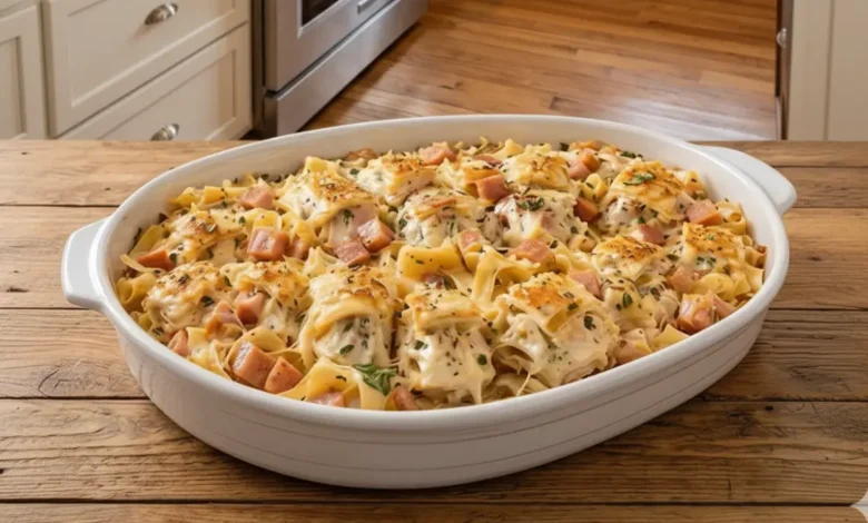 Chicken Cordon Bleu Casserole baked with tender chicken, ham, egg noodles, and melted cheese in a creamy sauce