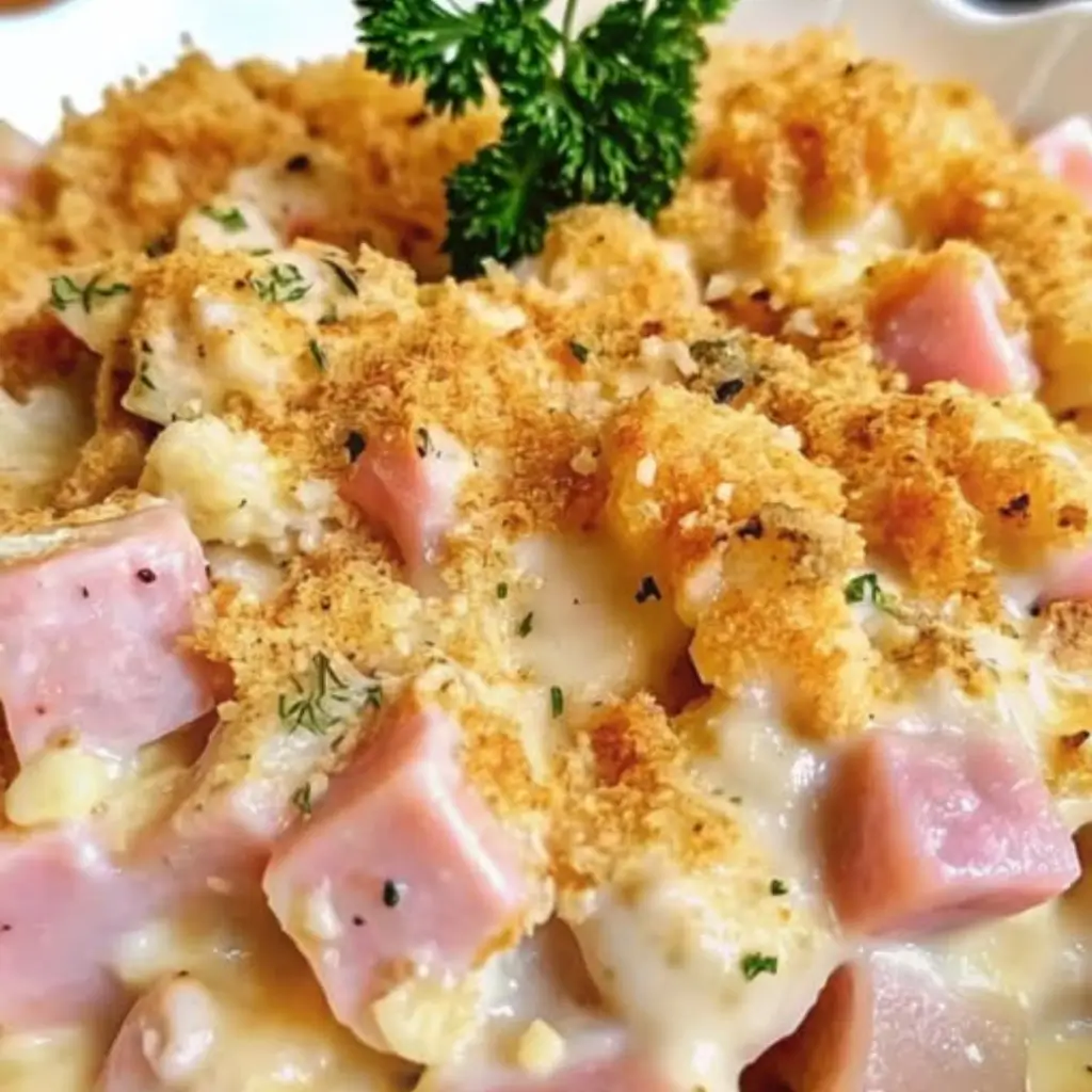 Close-up of Chicken Cordon Bleu Casserole with creamy chicken, diced ham, melted cheese, and a golden breadcrumb topping